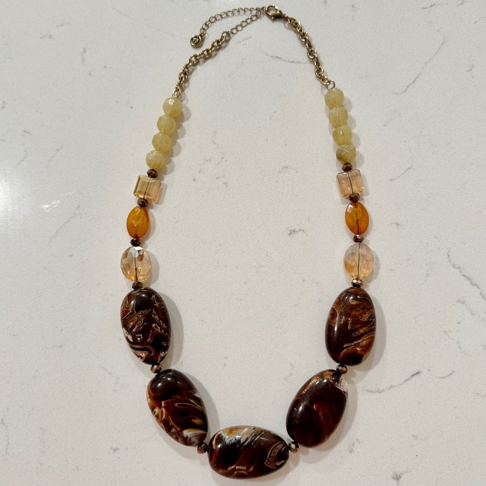 Brown Marbled Chunky Statement Necklace Gold Tone Amber Yellow Beads 26.5"